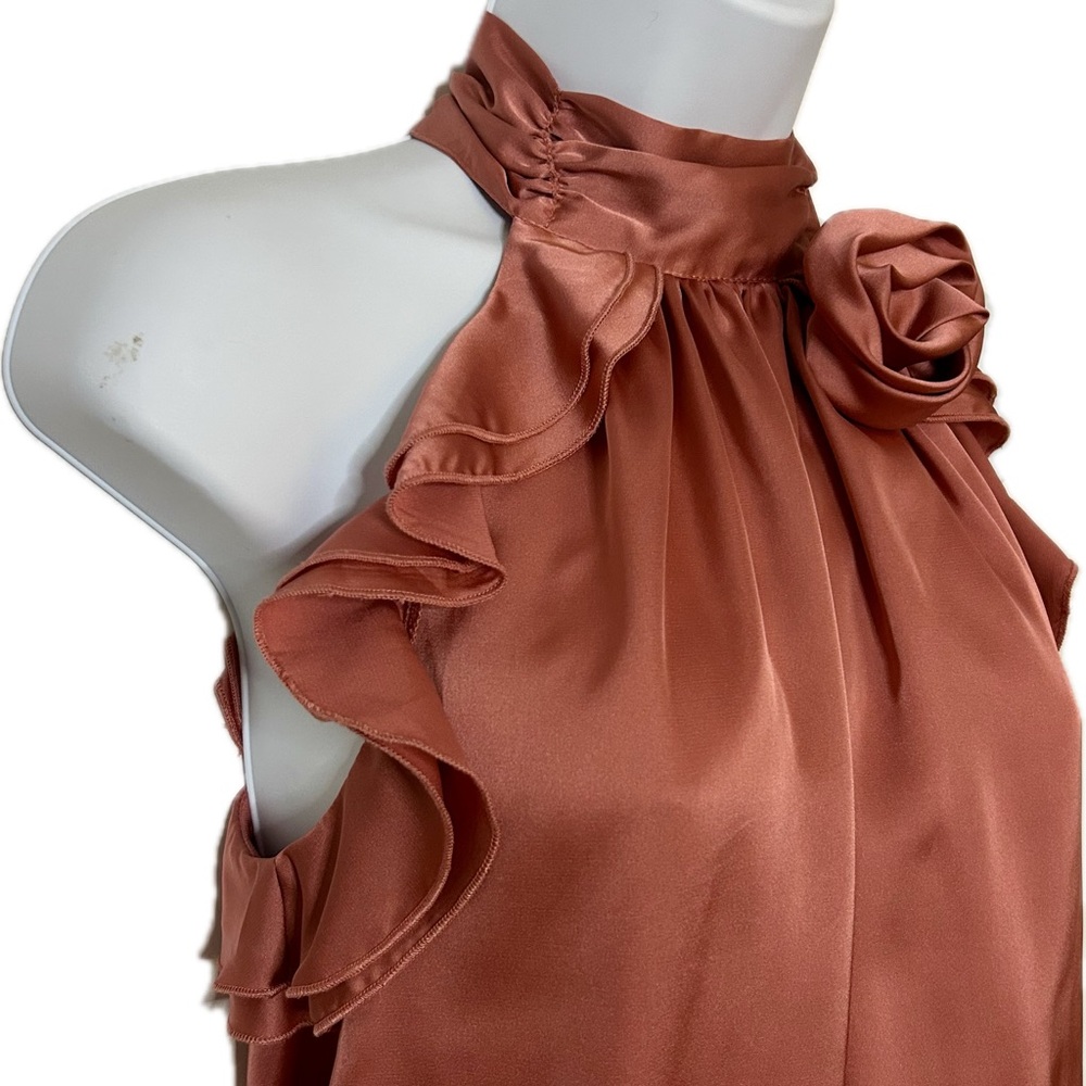New York & Co. - Elegant Halter Blouse with Ruffle Detail & Removable Rosette
